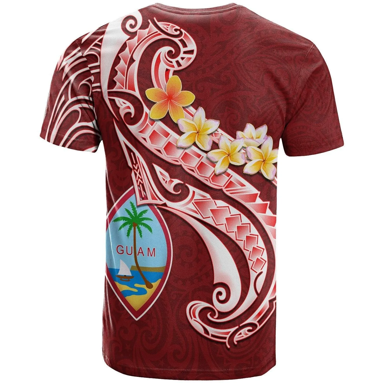 Guam Personalised T-Shirt - Guam Seal Polynesian Patterns Plumeria (Red)