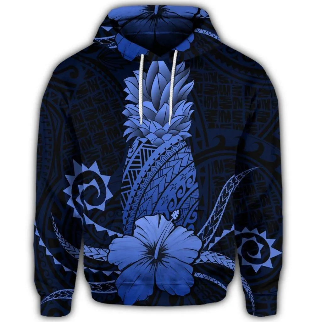 Hawaiian Polynesian Pineapple Hibiscus Hoodie - Blue