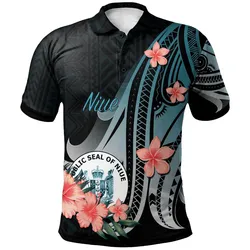 Niue Polo Shirt - Turquoise Polynesian Hibiscus Pattern Style