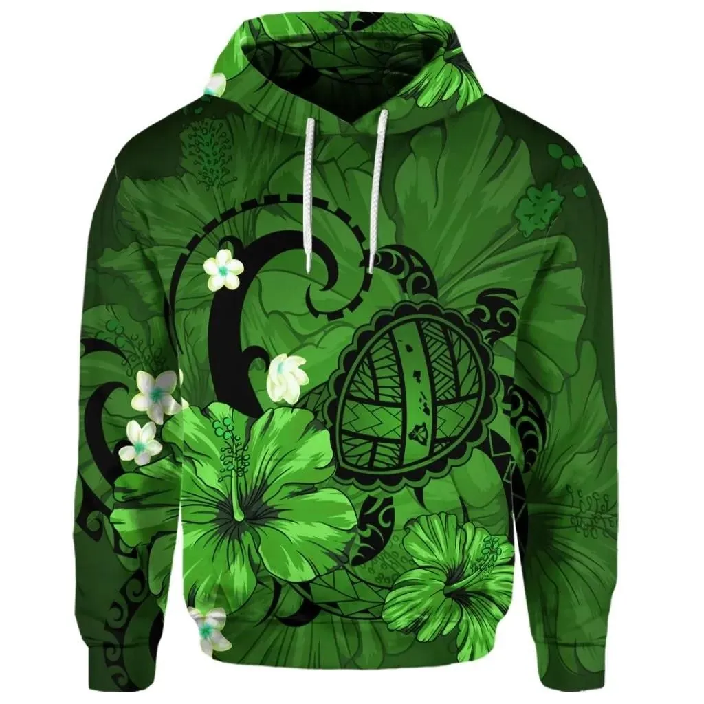 Alohawaii Hoodie - (Personalised) Hawaiian Map Big Turtle Hibiscus Plumeria Tribal Polynesian Hoodie - Green - AH - J6R