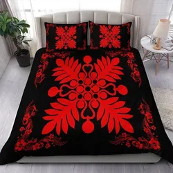Alohawaii Home Set - Hawaiian Quilt Maui Plant And Hibiscus Pattern Bedding Set - Red Black - AH J8