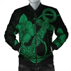 Alohawaii Jacket - Hawaiian Anchor Poly Tribal Hibiscus Polynesian Bomber Jacket Green - AH - JR
