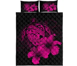Hawaiian Map Turtle Hibiscus Polynesian Quilt Bedding Set - Pink
