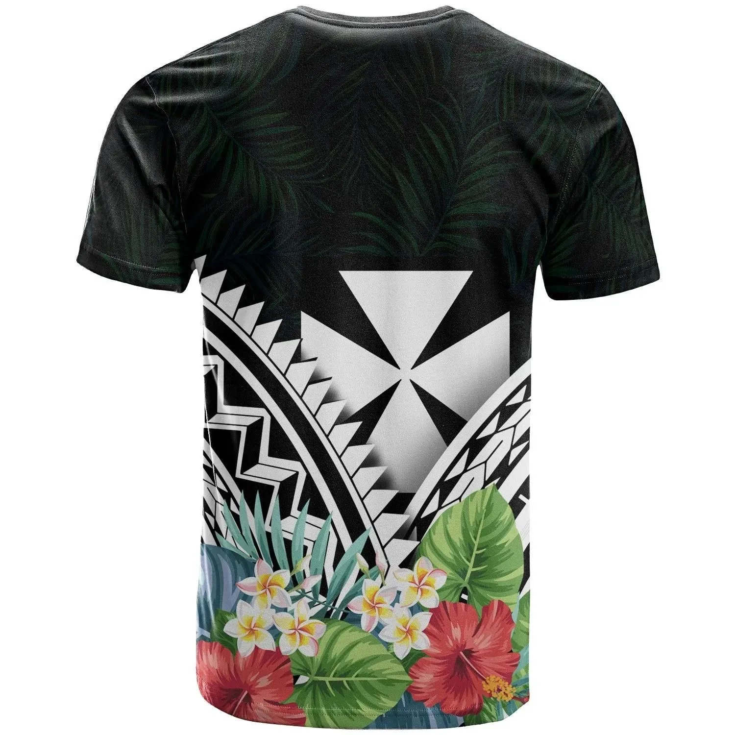 Wallis and Futuna Polynesian T-Shirts - Wallis and Futuna Coat of Arms & Polynesian Tropical Flowers White - BN22