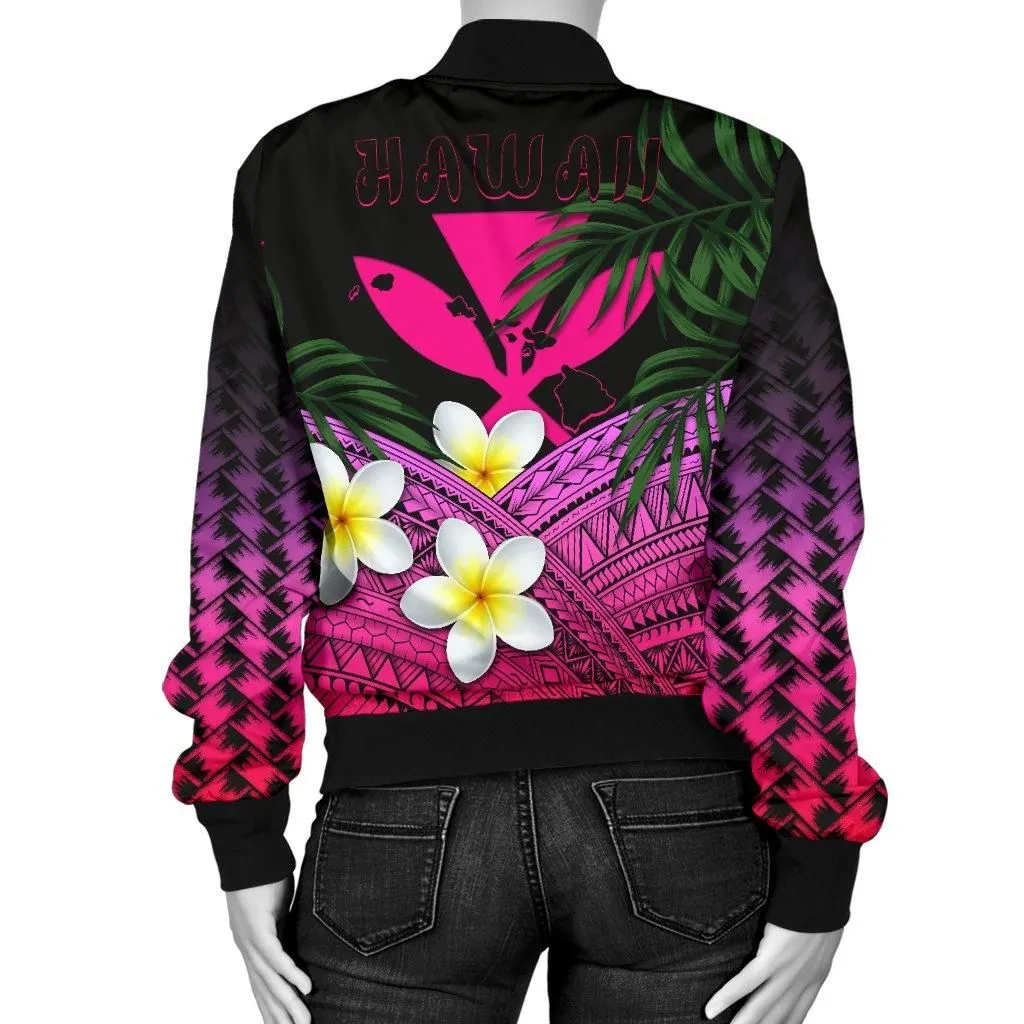 Kanaka Maoli (Hawaiian) Womens Bomber Jacket, Polynesian Plumeria Banana Leaves Pink