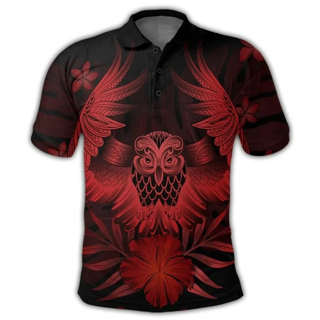 Alohawaii Shirt - Hawaiian Owl Hibiscus Plumeria Polynesian Polo Shirt - Red - AH - J4R