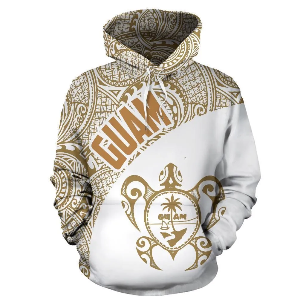Guam Hoodie - Guam Coat Of Arm in Turtle Polynesian Tattoo White Gold