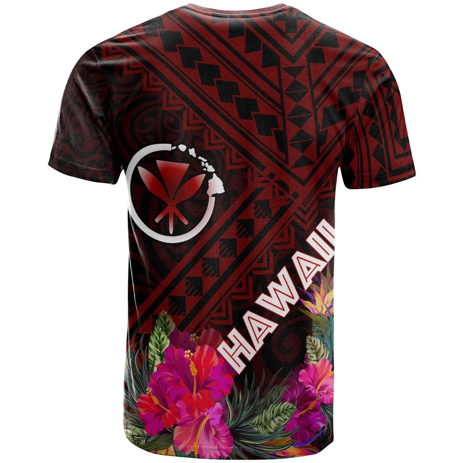 Hawaii T-Shirt - Kanaka Maoli With Hibiscus On Polynesian Patterns (RED)