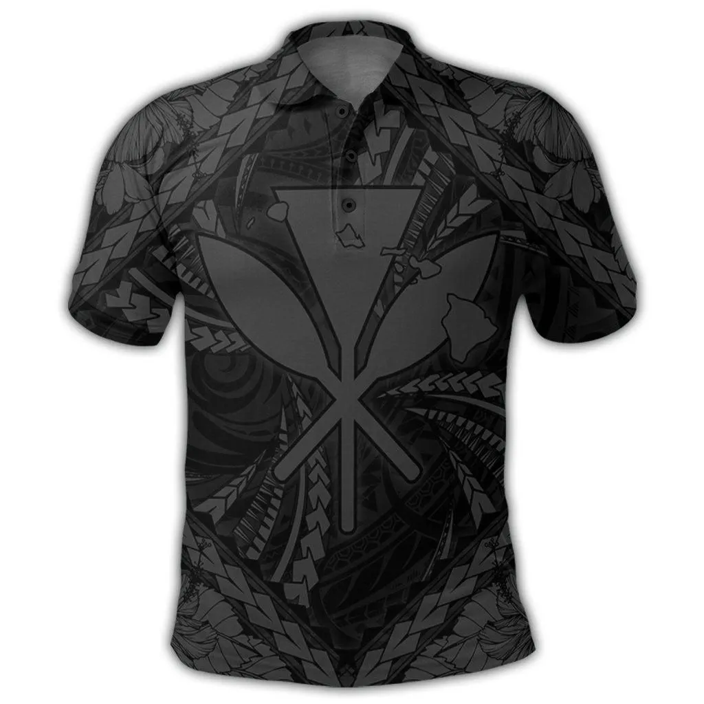 Hawaiian Map Kanaka Hibiscus Gray Polynesian Polo Shirt