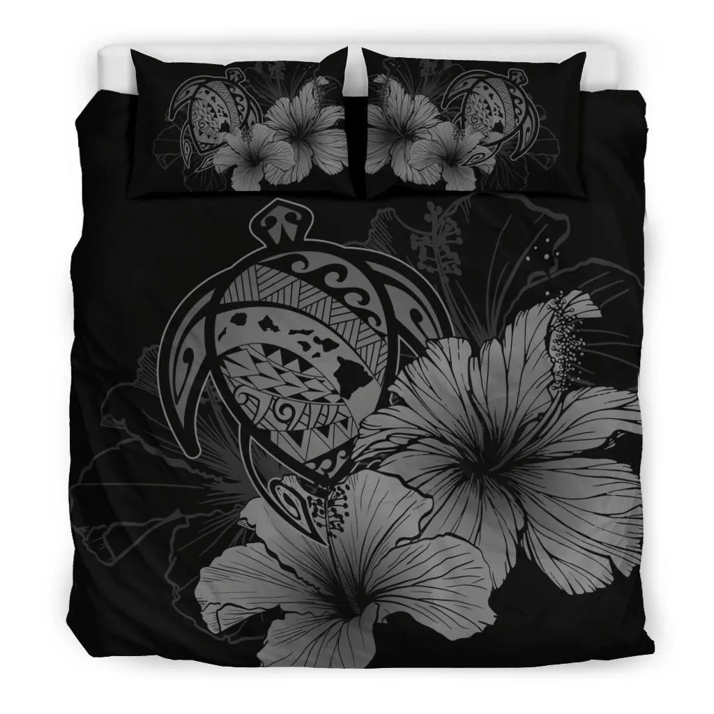 Hawaiian Map Hibiscus Turtle Polynesian Bedding Set - Turtle Map - Gray