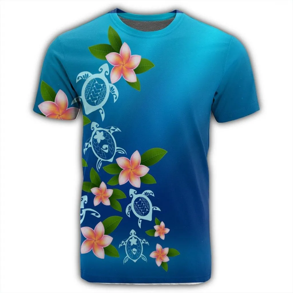 Hawaiian Tuttle And Plumeria Flower In The Sea Polynesian T-Shirt - AH