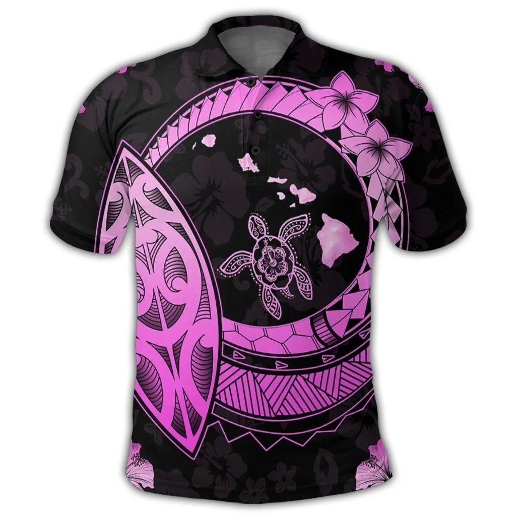 Hawaii Turtle Hibiscus Map Polynesian Polo Shirt Pink