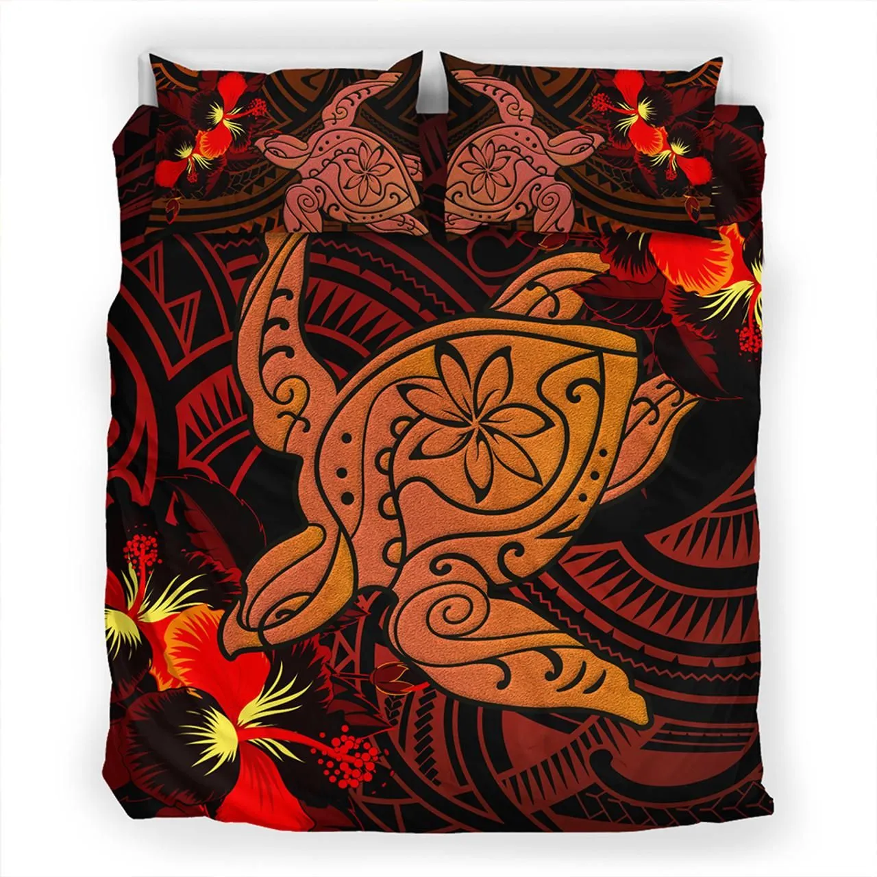 Hawaii Bedding Set Hibiscus Polynesian Red Big Turtle