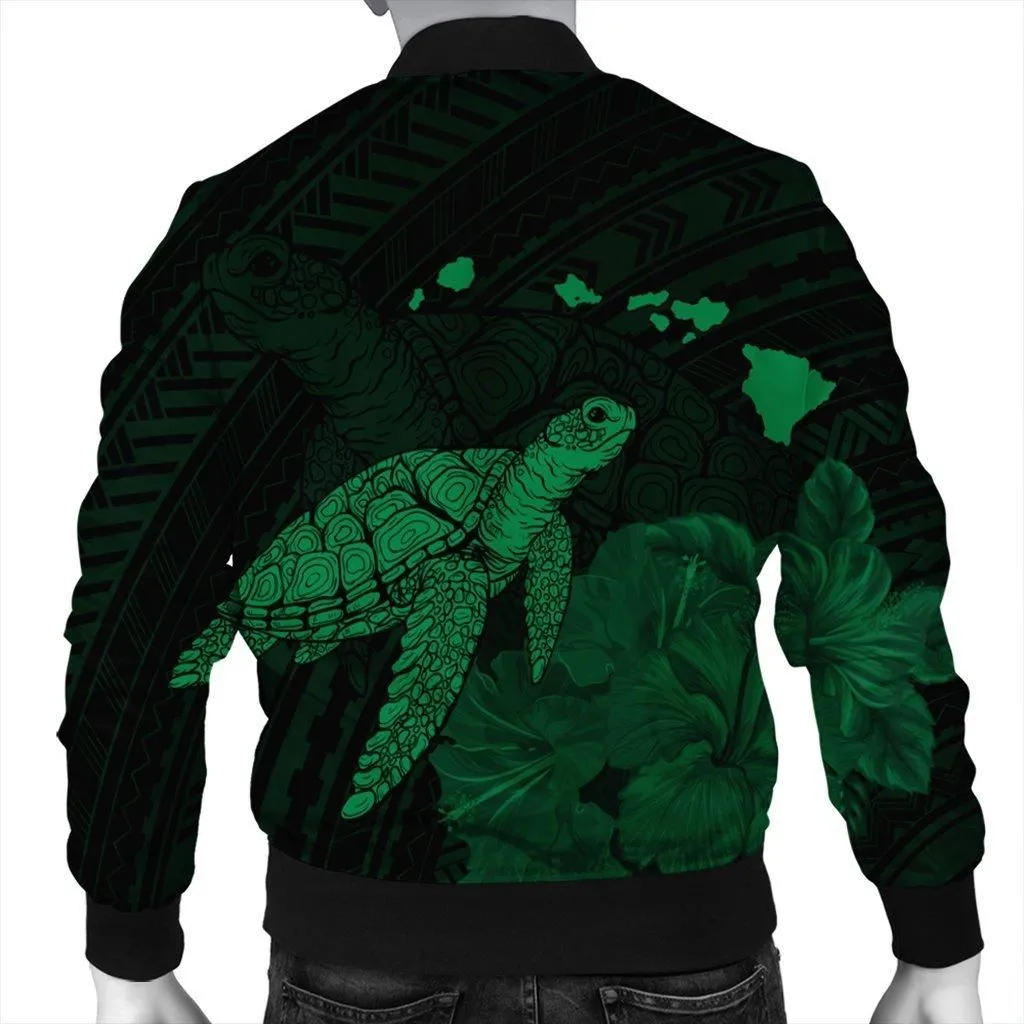 Hawaii Polynesian Hibiscus Turtle Map Bomber Jacket Green - AH