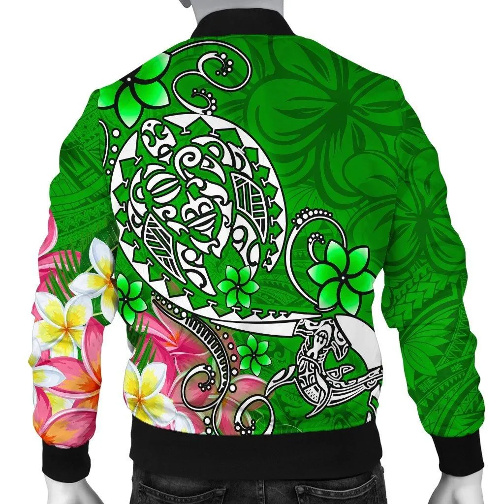 Fiji Custom Personalised Mens Bomber Jacket - Turtle Plumeria (Green)