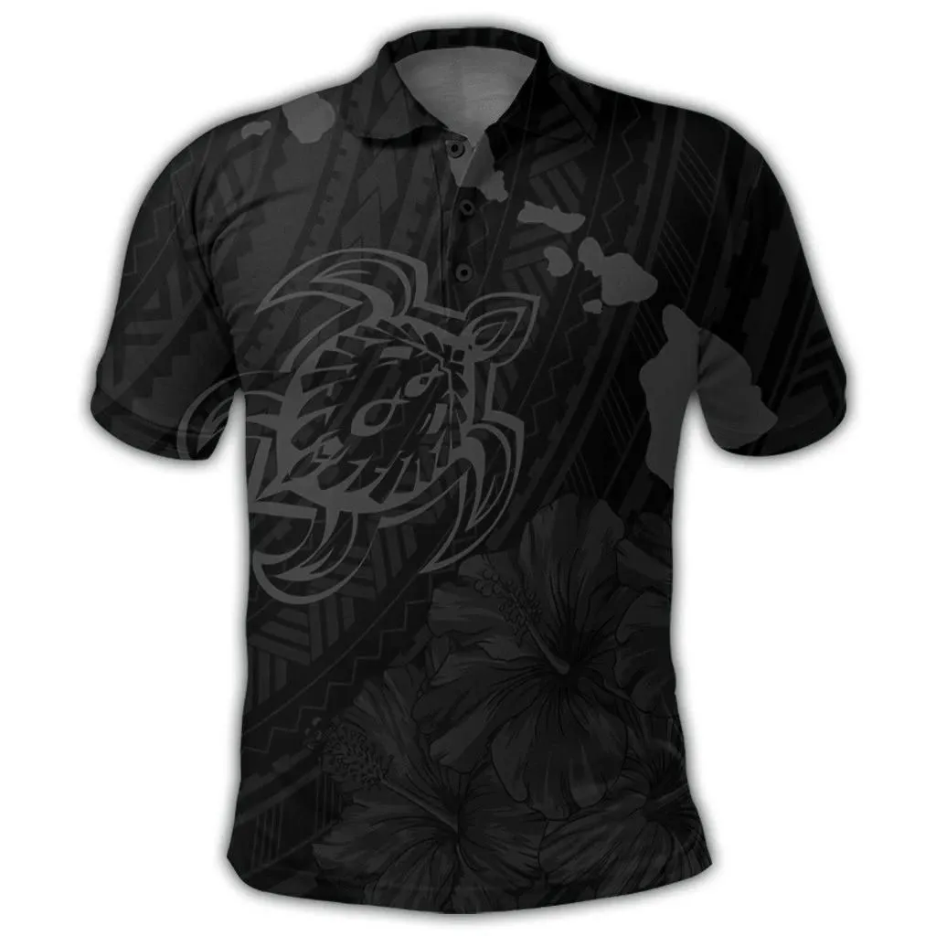 Alohawaii Shirt - Hawaiian Hibiscus Sea Turtle Swim Polynesian Polo Shirt - Grey - AH - J5R