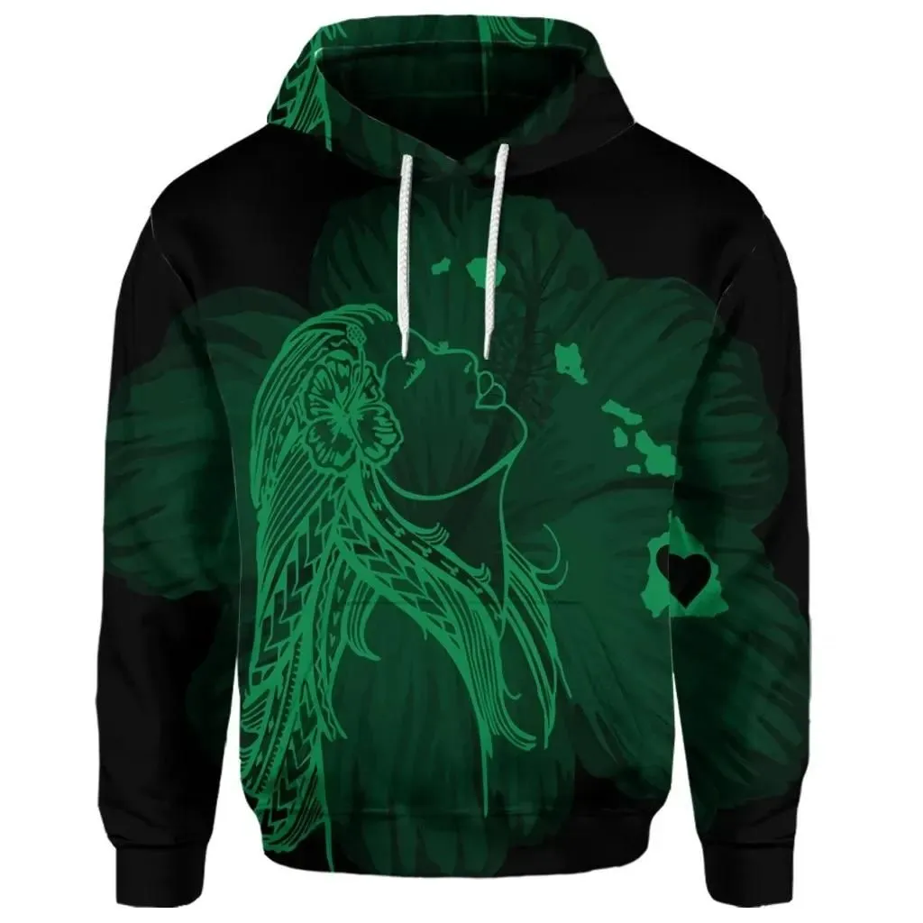 Alohawaii Hoodie - (Personalised) Hawaiian Map Heart Hula Girl Hibiscus Green Polynesian Hoodie - AH - J4R