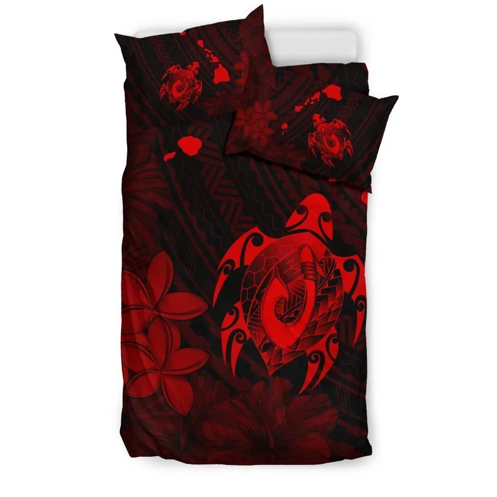 Hawaiian Map Turtle Plumeria Hibiscus Fish Hook Polynesian Bedding Set Red - AH - J5