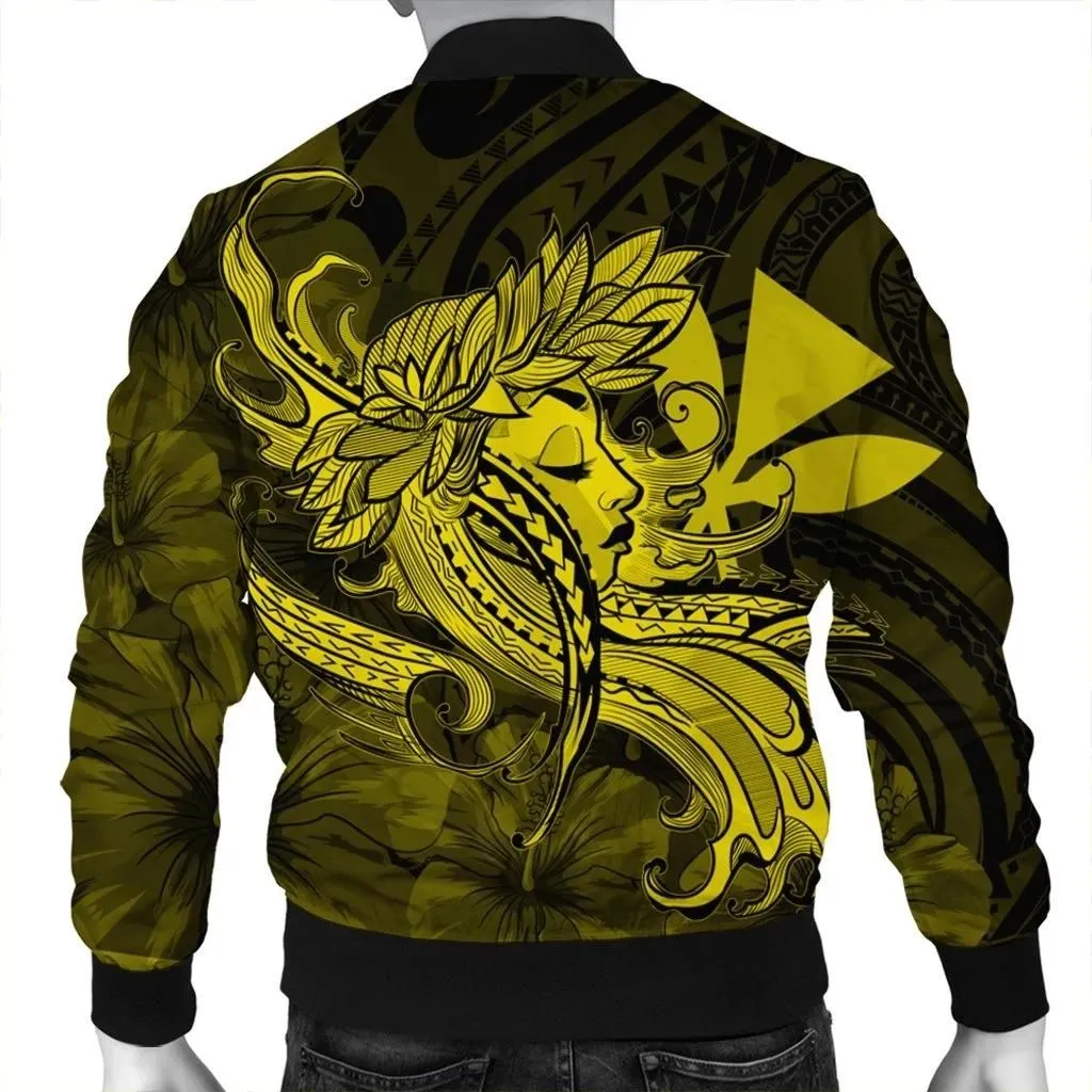 Alohawaii Jacket - Hawaiian Map Hula Girl Hibiscus Kanaka Polynesian Bomber Jacket - Yellow - AH - J4R