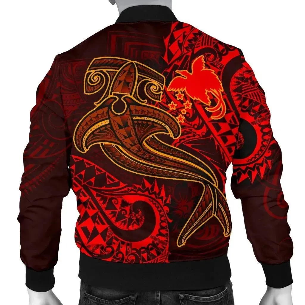 Papua New Guinea Men's Bomber Jacket - Red Shark Polynesian Tattoo - BN18
