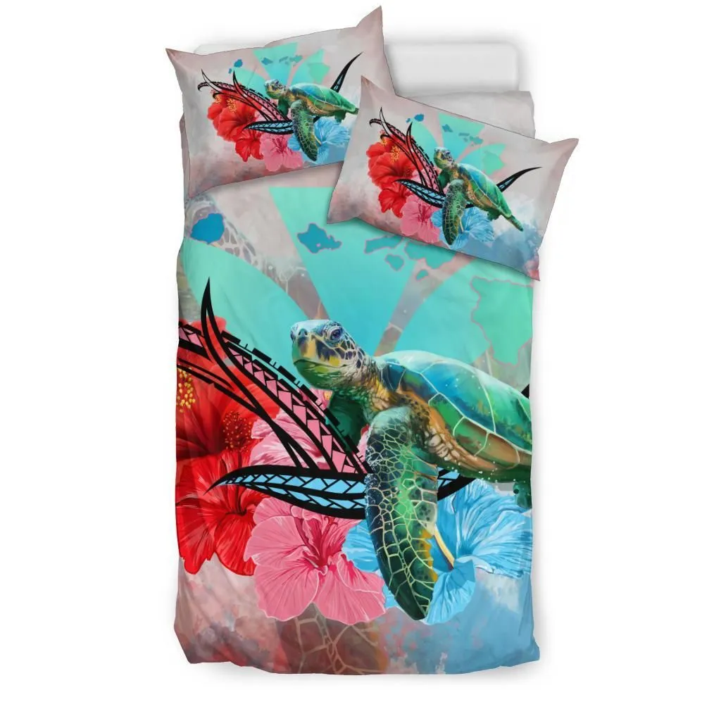 Hawaii Map Kanaka Sea Turtle Hibiscus Bedding Set - AH - Blue Pink