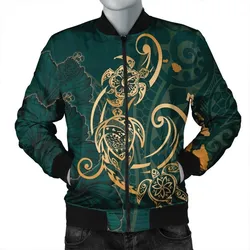 Hawaii Triple Marble Turtle Polynesian Hibiscus Bomber Jacket - AH - Benjamin Style - Green