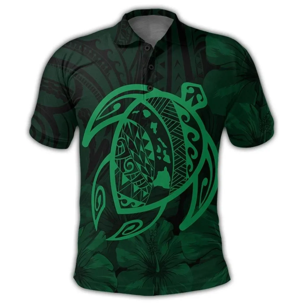 Alohawaii Shirt - Hawaiian Map Turtle Kanaka Hibiscus Polynesian Polo Shirt - Green - AH - J4R