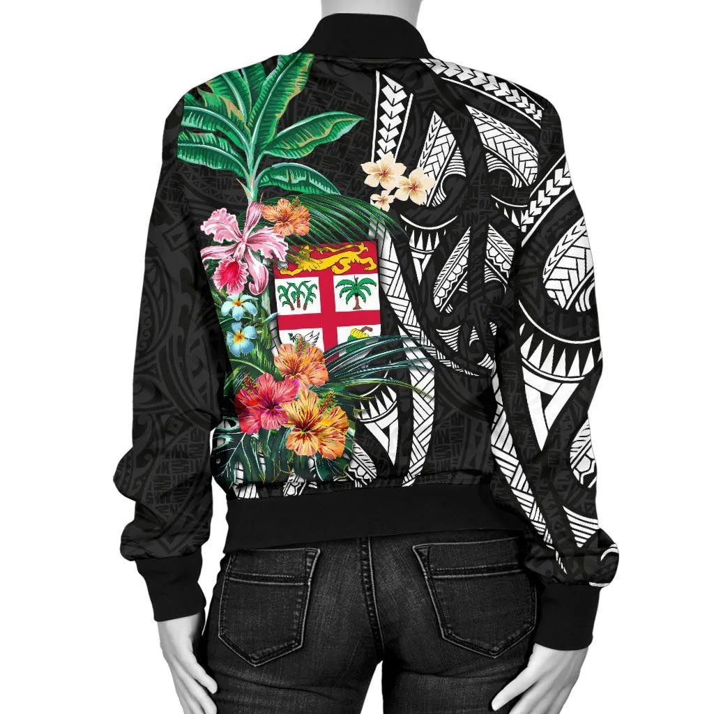 Fiji Women's Bomber Jacket Coat Of Arms Polynesian With Hibiscus TH5