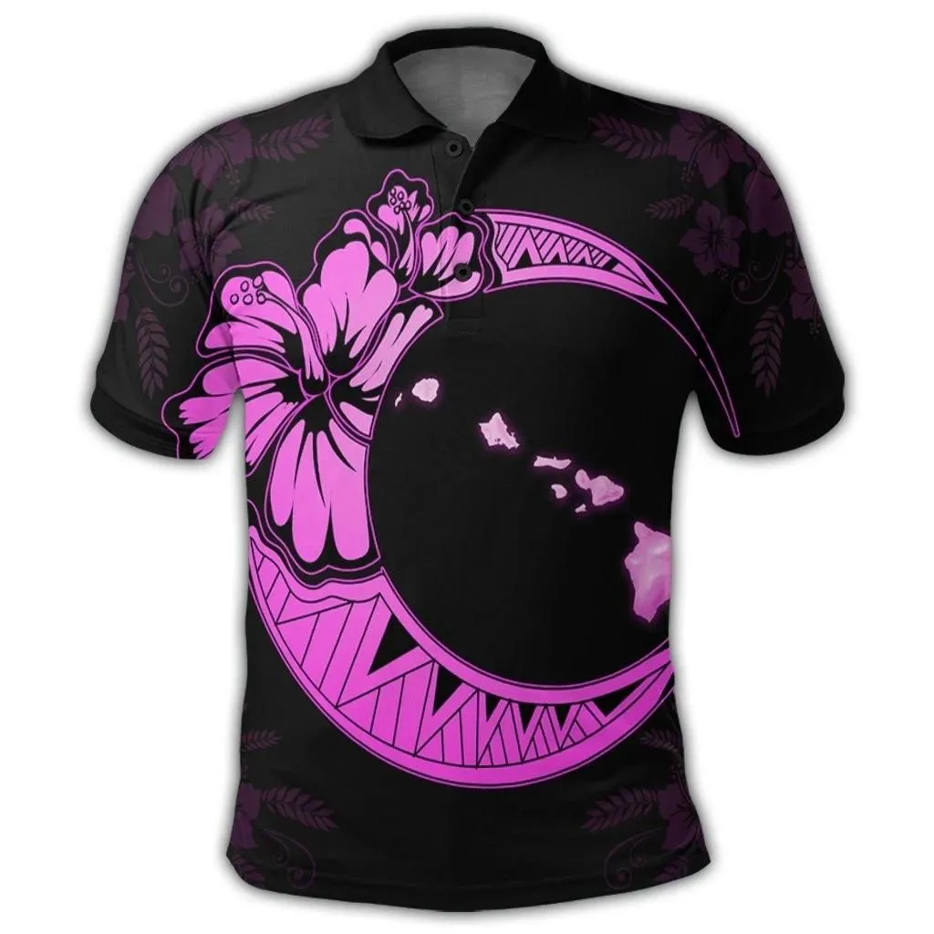 Alohawaii Shirt - Hawaiian Map Hibiscus Turtle Polynesian Moon Polo Shirt Pink - AH - JR