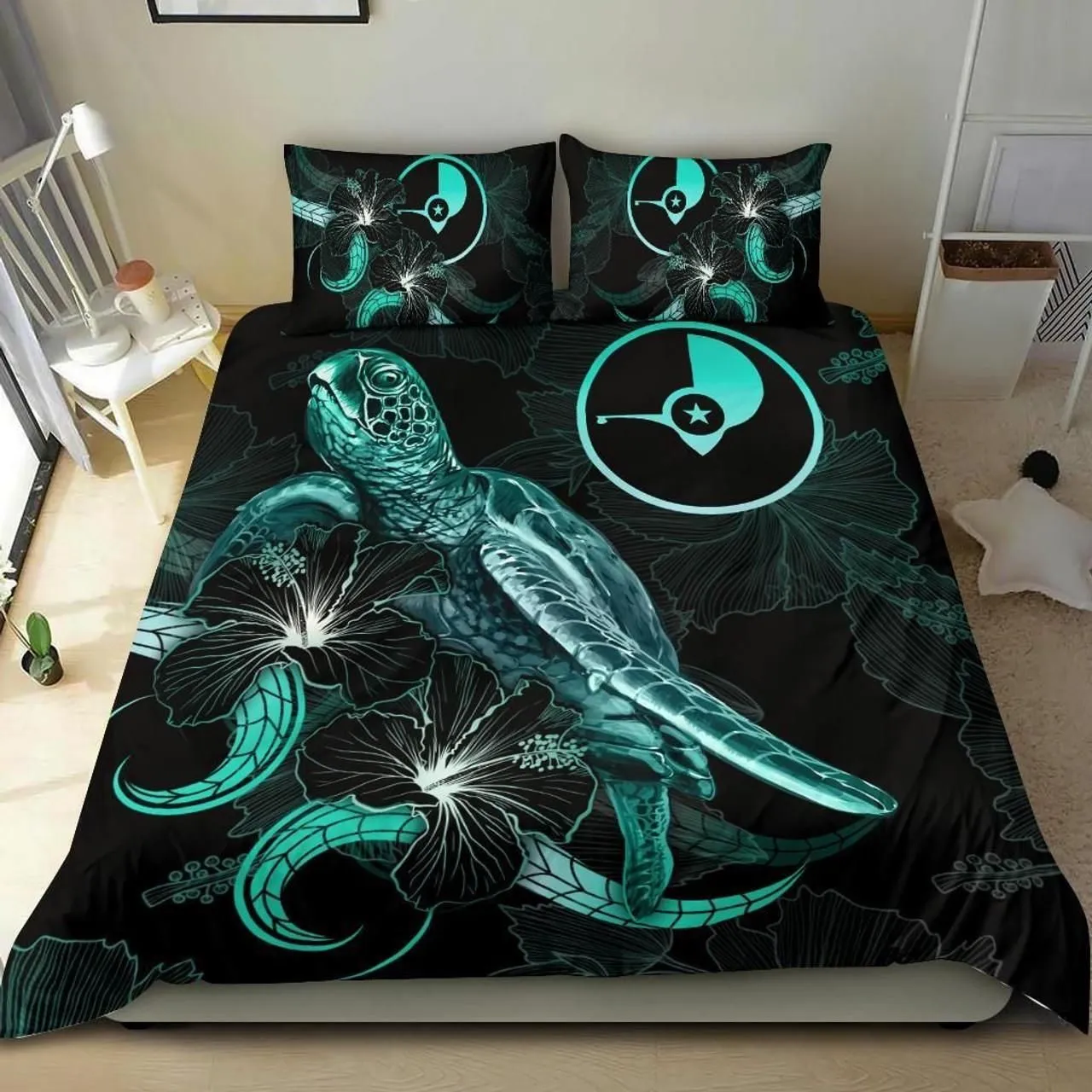 Yap Polynesian Bedding Set - Turtle With Blooming Hibiscus Turquoise
