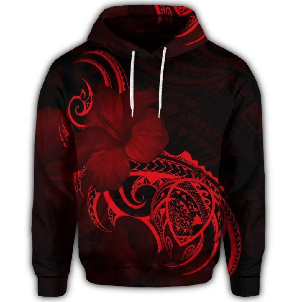 Hawaiian Map Turtle Hibiscus Divise Polynesian Red Hoodie