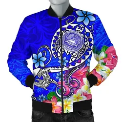 American Samoa Polynesian Men's Bomber Jacket - Turtle Plumeria (Blue) - BN18