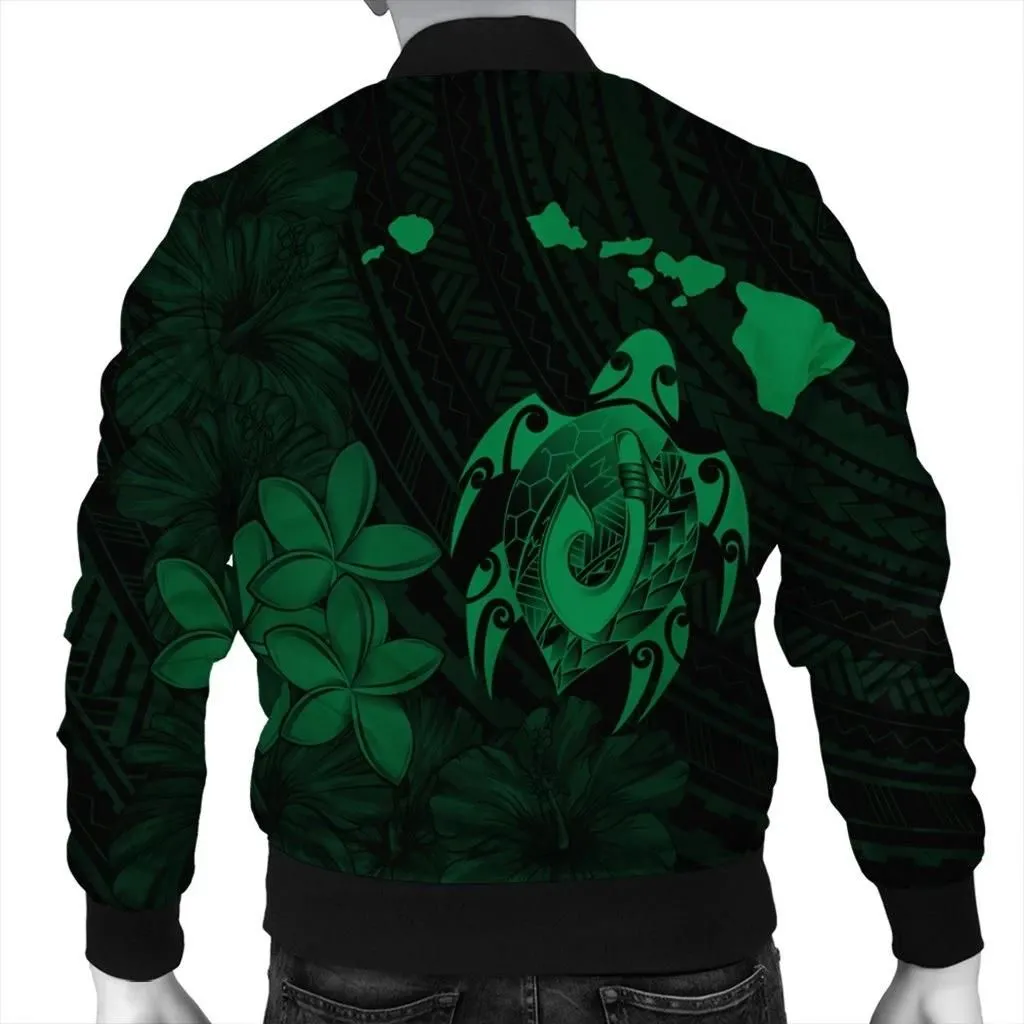 Alohawaii Jacket - Hawaiian Map Turtle Plumeria Hibiscus Fish Hook Polynesian Bomber Jacket Green - AH - J5R
