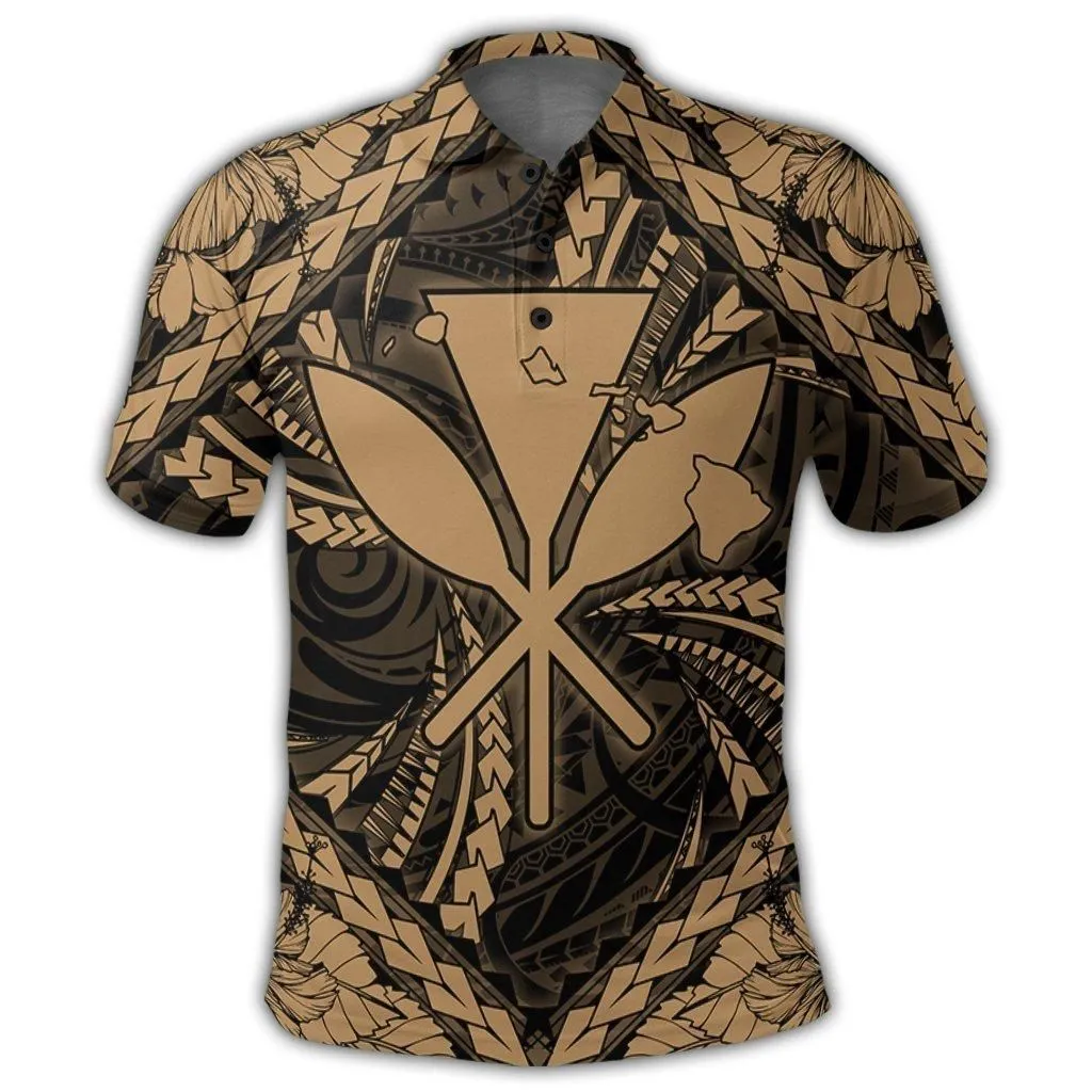 Hawaiian Map Kanaka Hibiscus Gold Polynesian Polo Shirt