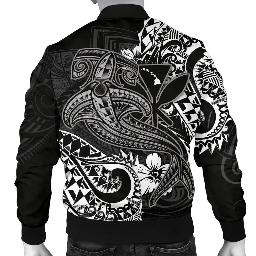 Hawaii Polynesian Men's Bomber Jacket - Kanaka Maoli White Shark Polynesian Tattoo - BN18