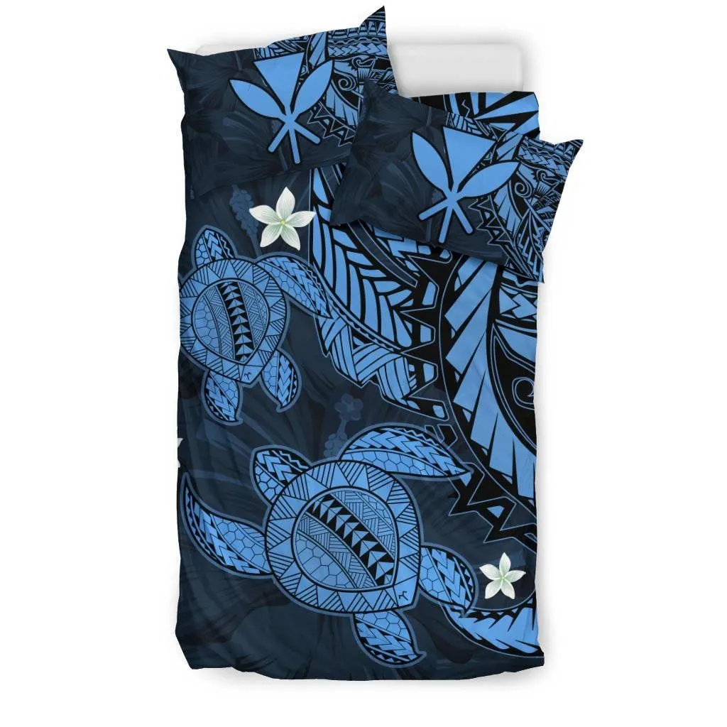 Hawaiian Bedding Set - Hawaii Polynesian Turtle Hibiscus Bedding Set - Pastel Blue - AH - J4
