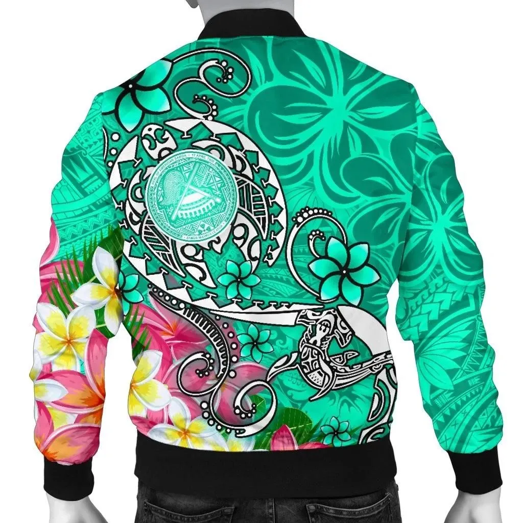 American Samoa Polynesian Men's Bomber Jacket - Turtle Plumeria (Turquoise) - BN18