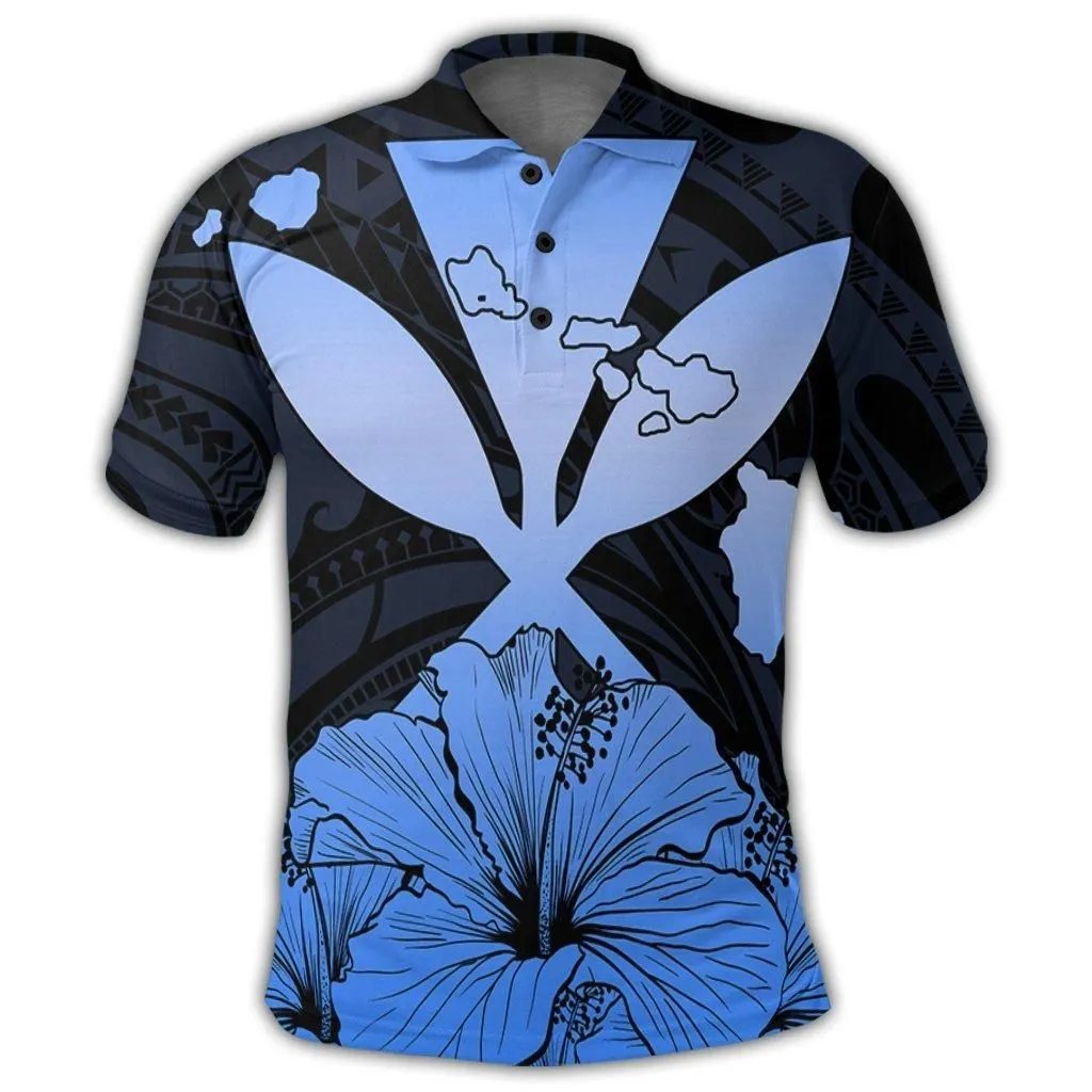 Hawaiian Kanaka Polo Shirt Hibiscus Polynesian Love - Blue - AH