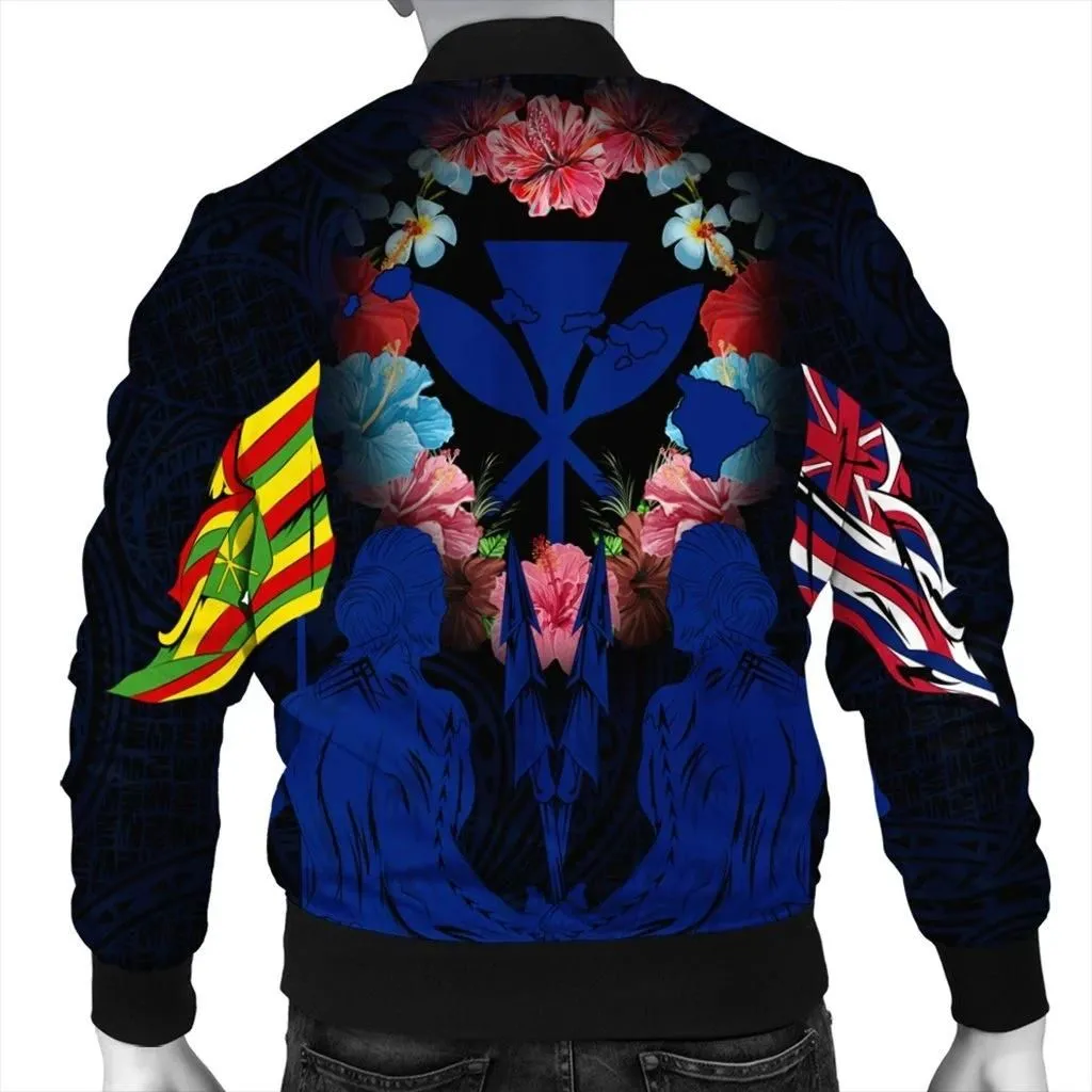 FamilyGater Jacket - Hawaii Map Kanaka Two Men Holding Flag Bomber Jacket Blue - AH - J5R