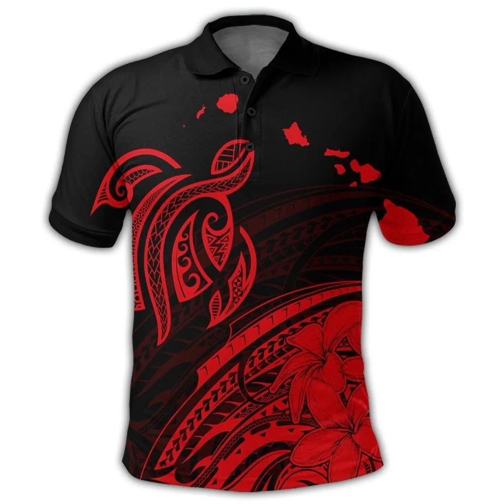 Hawaii Turtle Polynesian Map Plumeria Polo Shirt Red - AH