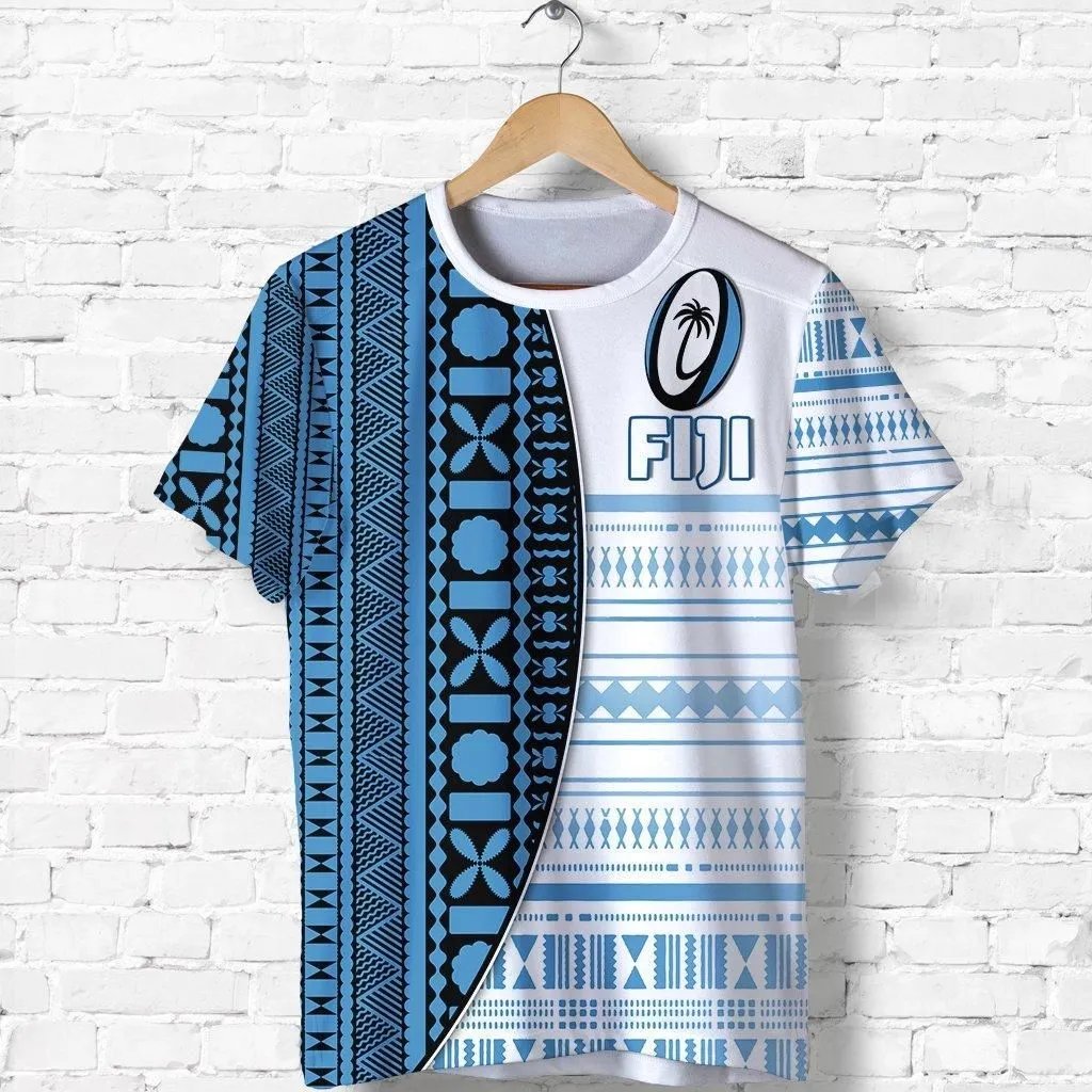 (Custom Personalised) Fiji Rugby T Shirt Impressive Version Blue - Custom Text And Number