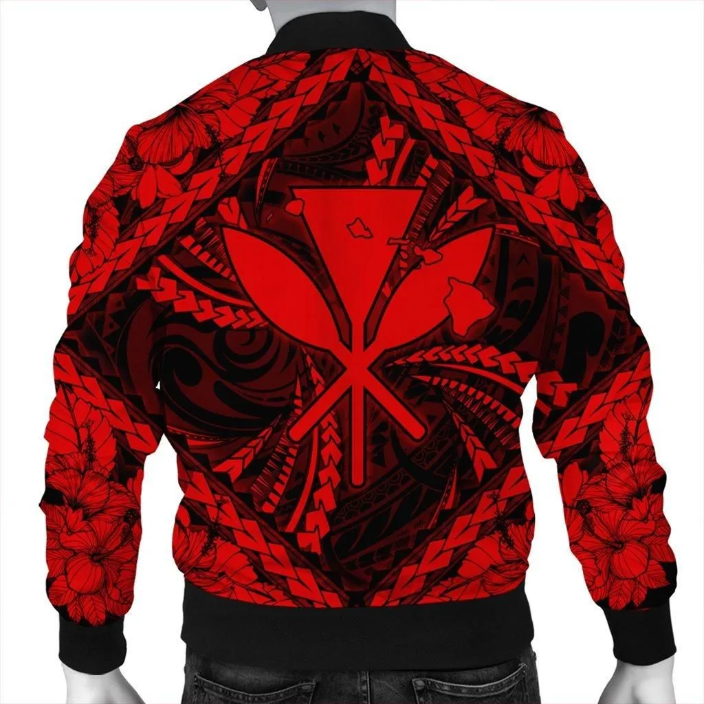 Hawaiian Map Kanaka Hibiscus Red Polynesian Bomber Jacket - AH
