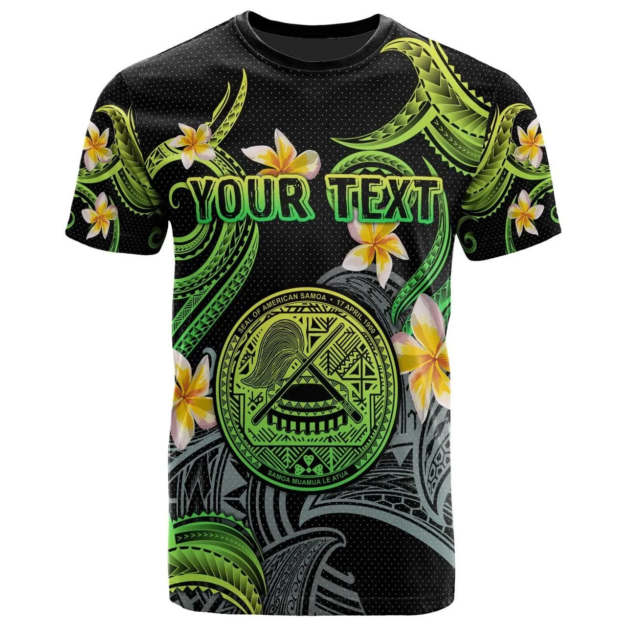 American Samoa T-shirt - Custom Personalised Polynesian Waves with Plumeria Flowers (Green)