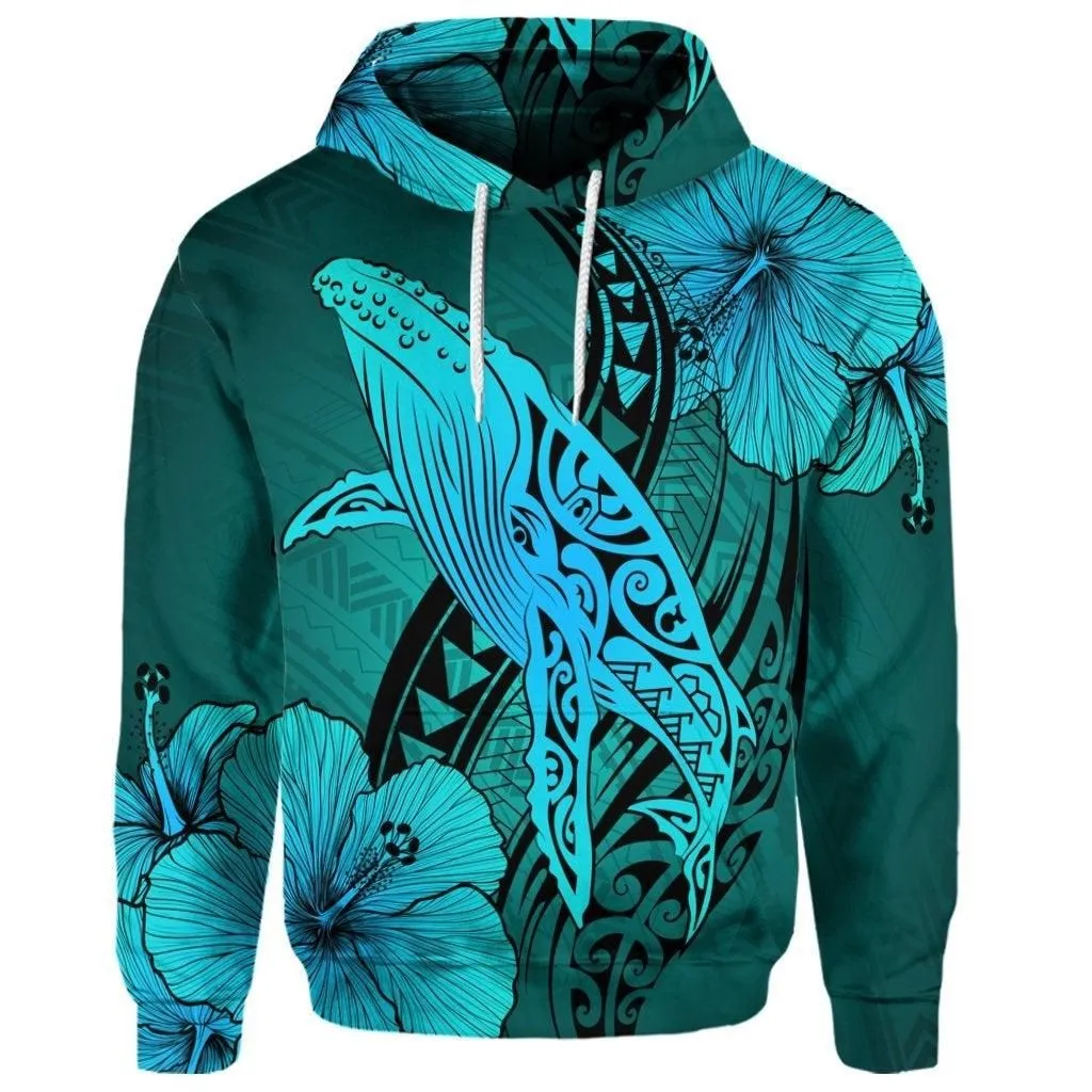 (Personalised) Hawaiian Map Whale Swim Hibiscus Polynesian Hoodie - Turquoise