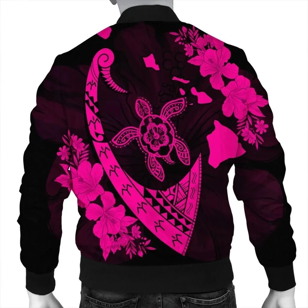 FamilyGater Jacket - Hawaiian Map Hibiscus Turtle Fish Hook Polynesian Bomber Jacket Pink - AH - J5R