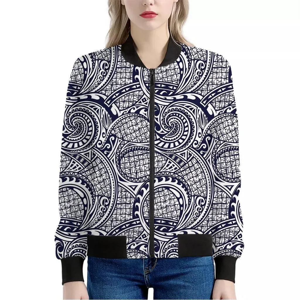 Blue Maori Polynesian Tribal Print Womens Bomber Jacket