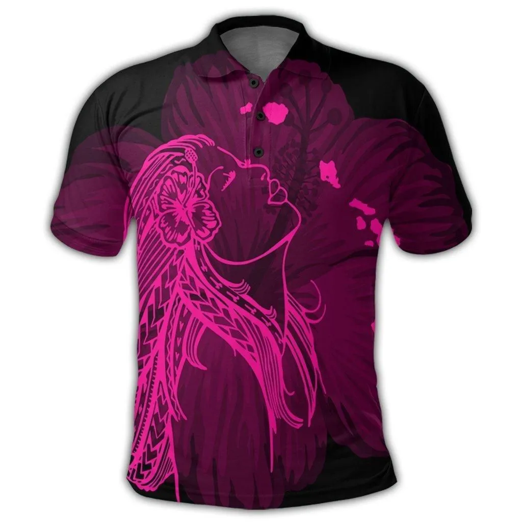 Hawaiian Map Heart Hula Girl Hibiscus Pink Polynesian Polo Shirt