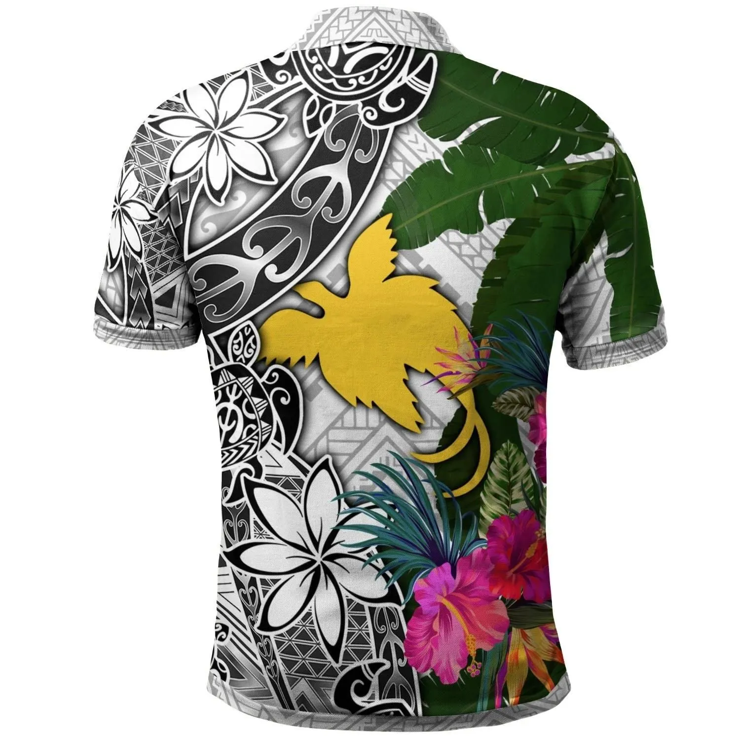 Papua New Guinea Polo Shirt White - Turtle Plumeria Banana Leaf - BN11