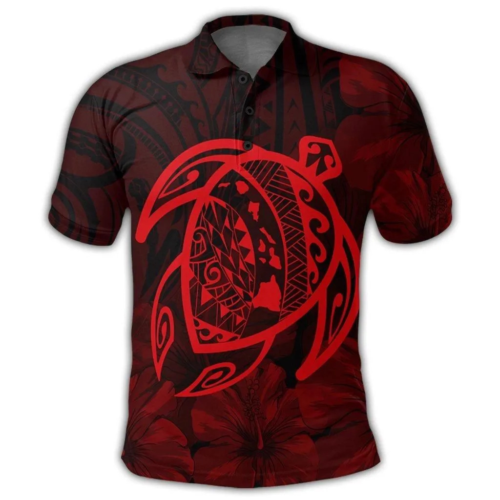 Hawaiian Map Turtle Kanaka Hibiscus Polynesian Polo Shirt - Red - AH