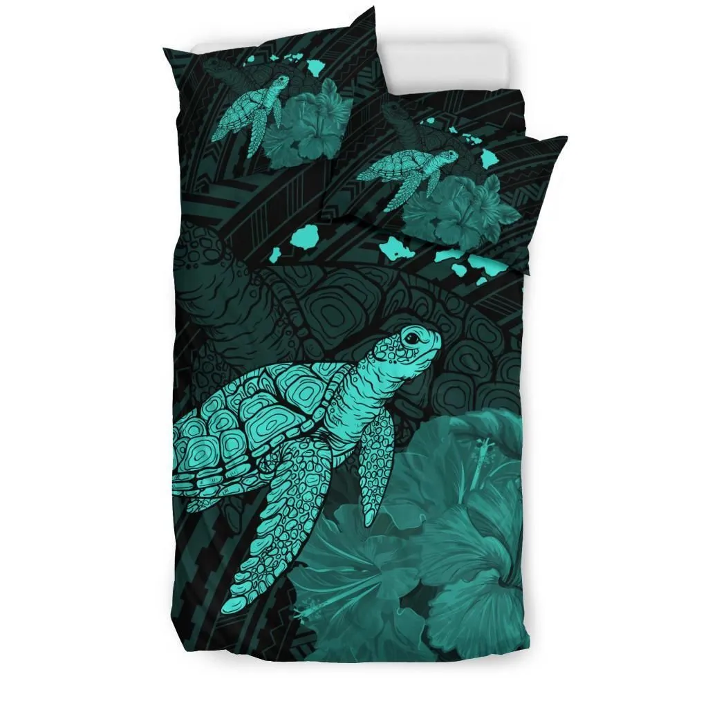 Hawaii Polynesian Hibiscus Turtle Map Bedding Set - AH - Turquoise